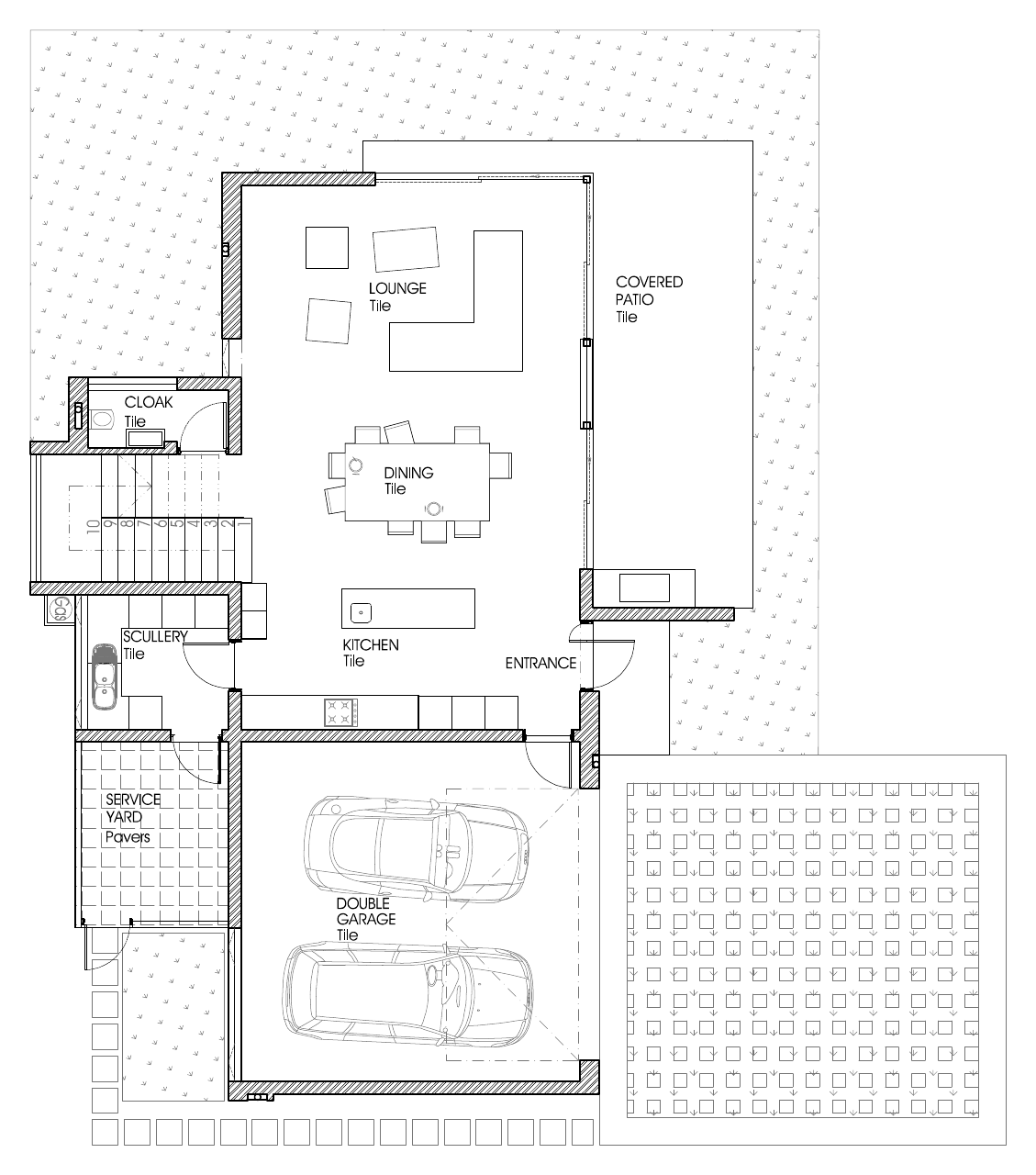 Layout A ground-floor marketing plan: open-plan lounge, dining and kitchen, covered side patio, scullery, cloakroom and double garage